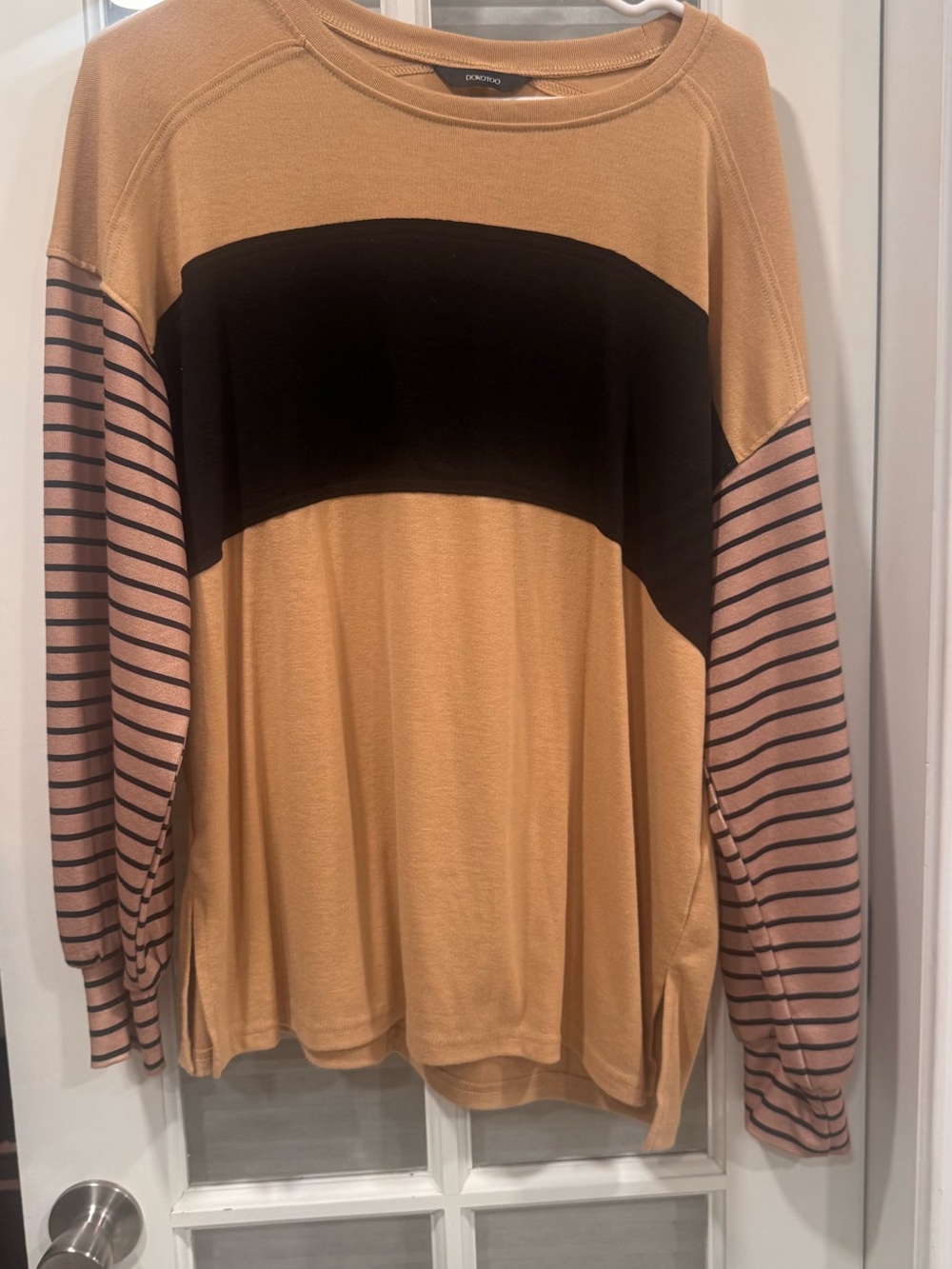 Tan and Black Colorblock Long-Sleeve Top with Pink Striped Sleeves